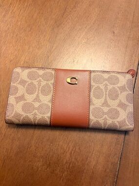 Coach Signature Jacquard and Saddle Brown Leather Continental Wallet